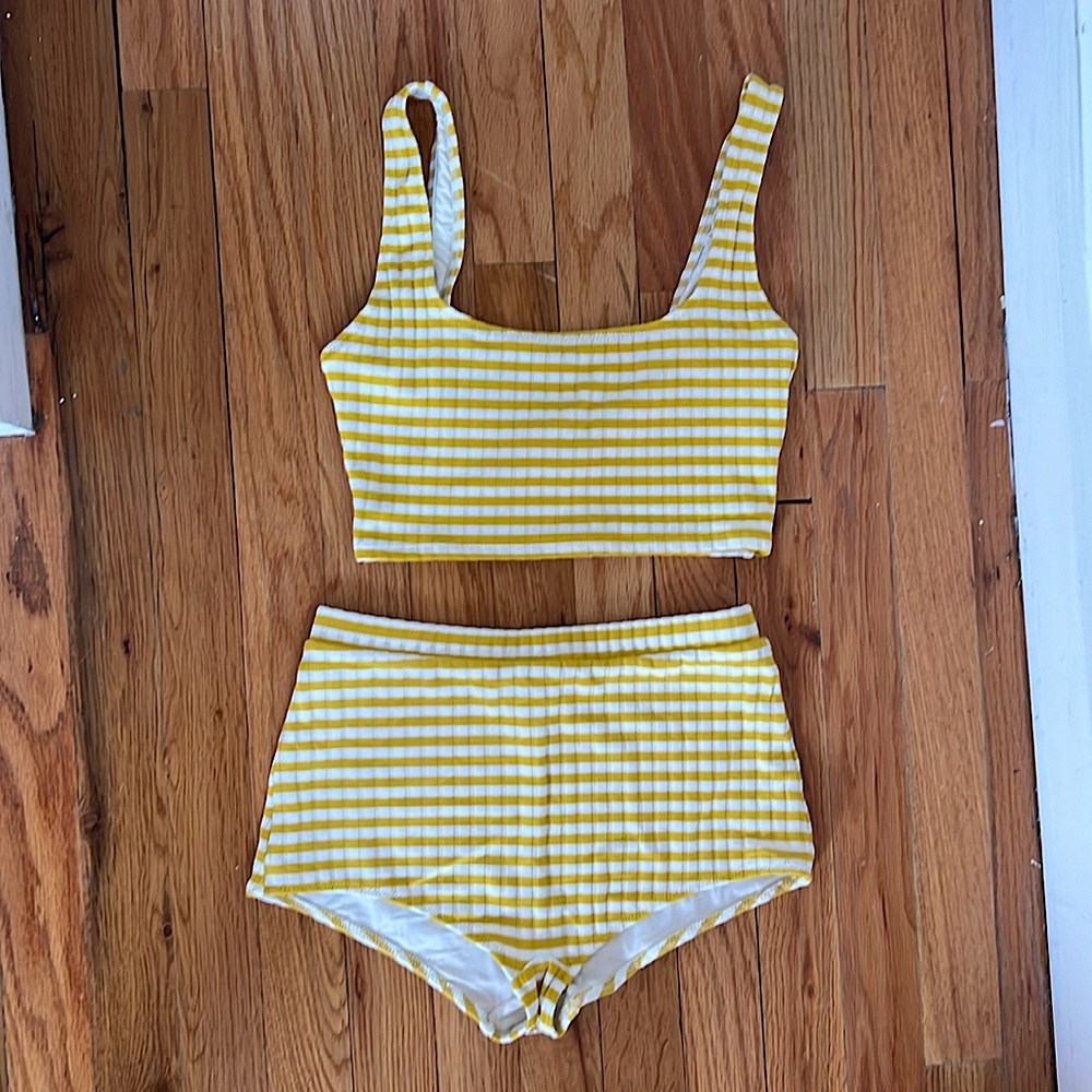 Solid & Stripe Swim | Two-Piece Yellow + White Striped